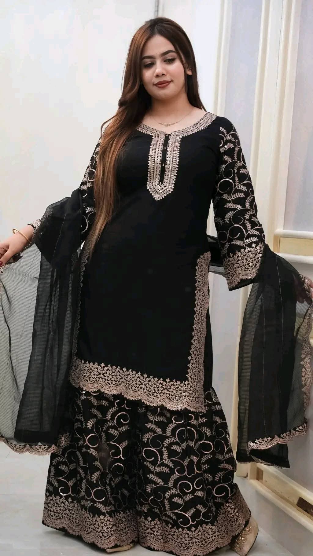 ইন্ডিয়ান চেরি জর্জেট  এমব্রয়ডারি থ্রি পিস