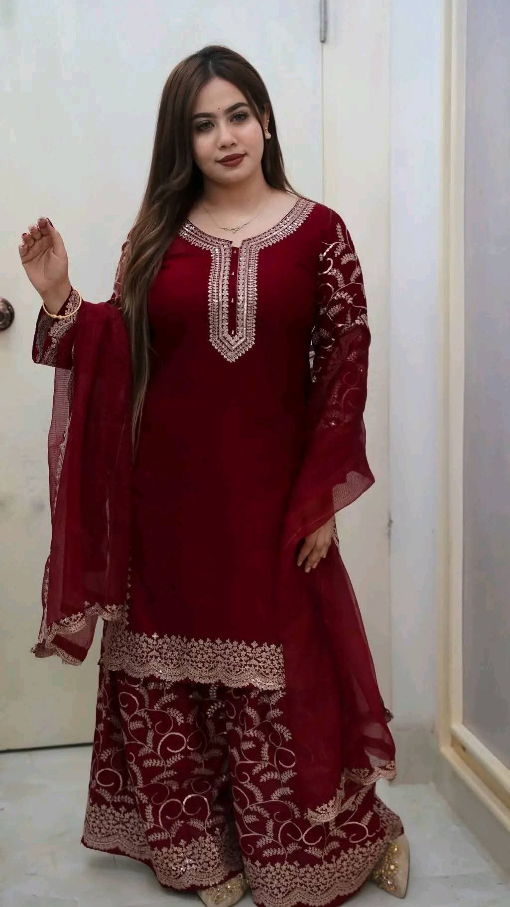 ইন্ডিয়ান চেরি জর্জেট  এমব্রয়ডারি থ্রি পিস