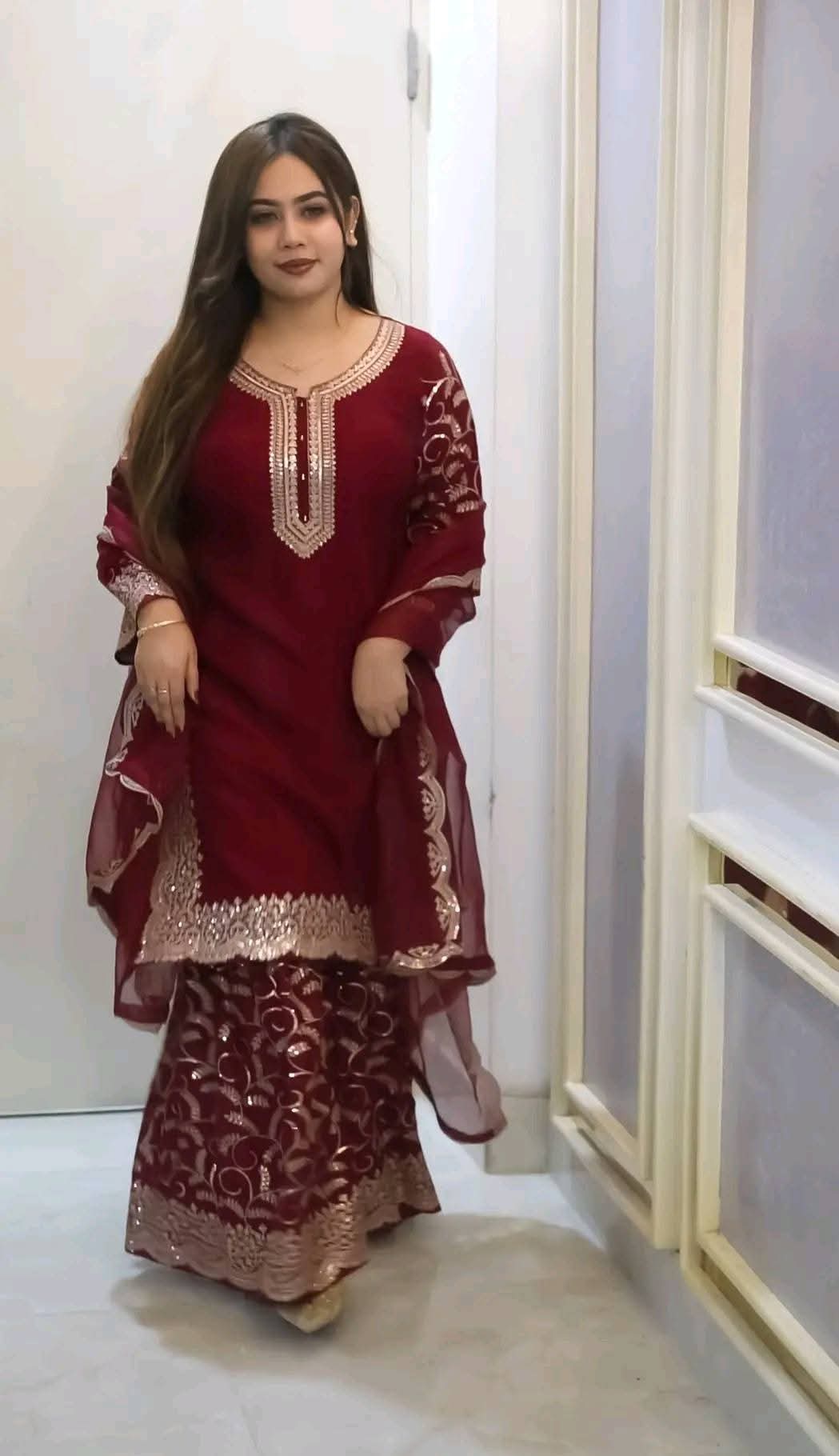 ইন্ডিয়ান চেরি জর্জেট  এমব্রয়ডারি থ্রি পিস