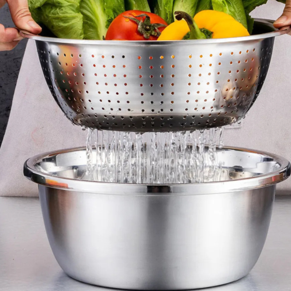 3 In 1 Multifunctional Stainless Steel Basin With Vegetable Cutter + Drain Basket.