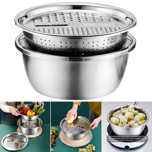 3 In 1 Multifunctional Stainless Steel Basin With Vegetable Cutter + Drain Basket.