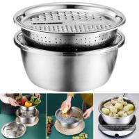 3 In 1 Multifunctional Stainless Steel Basin With Vegetable Cutter + Drain Basket.