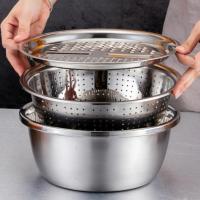 3 In 1 Multifunctional Stainless Steel Basin With Vegetable Cutter + Drain Basket.