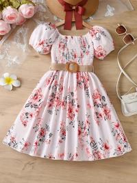 Flower Gown Elegant Floral Fit Dress for Girls with Belt