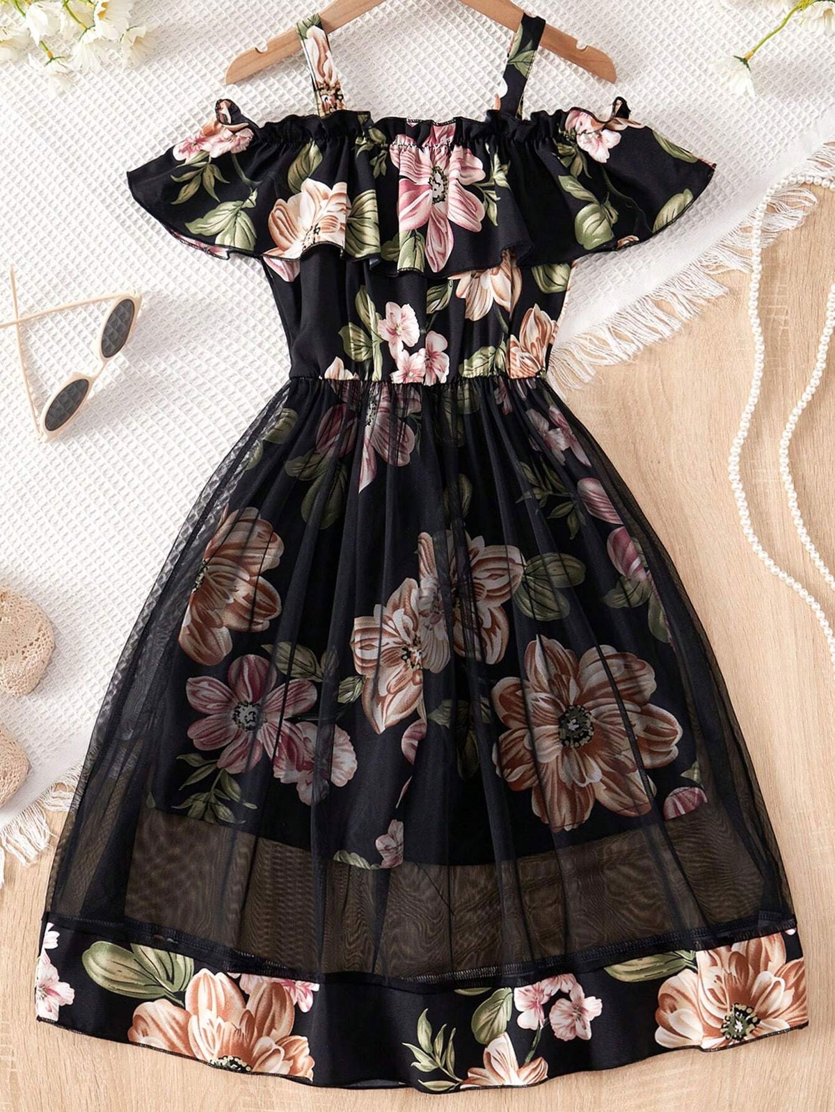 Flower Gown Elegant Floral Fit Dress for Girls with Belt