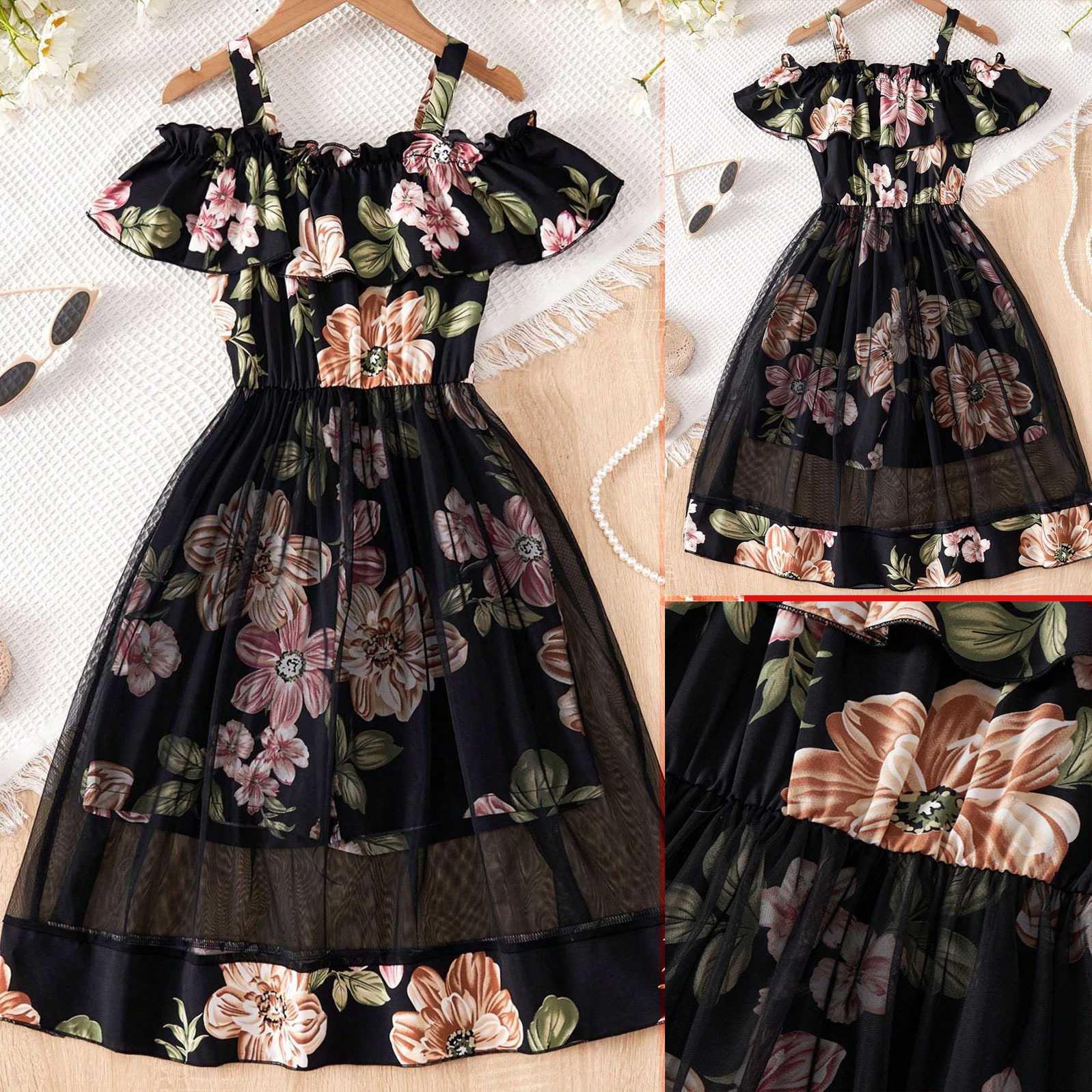 Flower Gown Elegant Floral Fit Dress for Girls with Belt