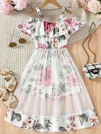 Flower Gown Elegant Floral Fit Dress for Girls with Belt