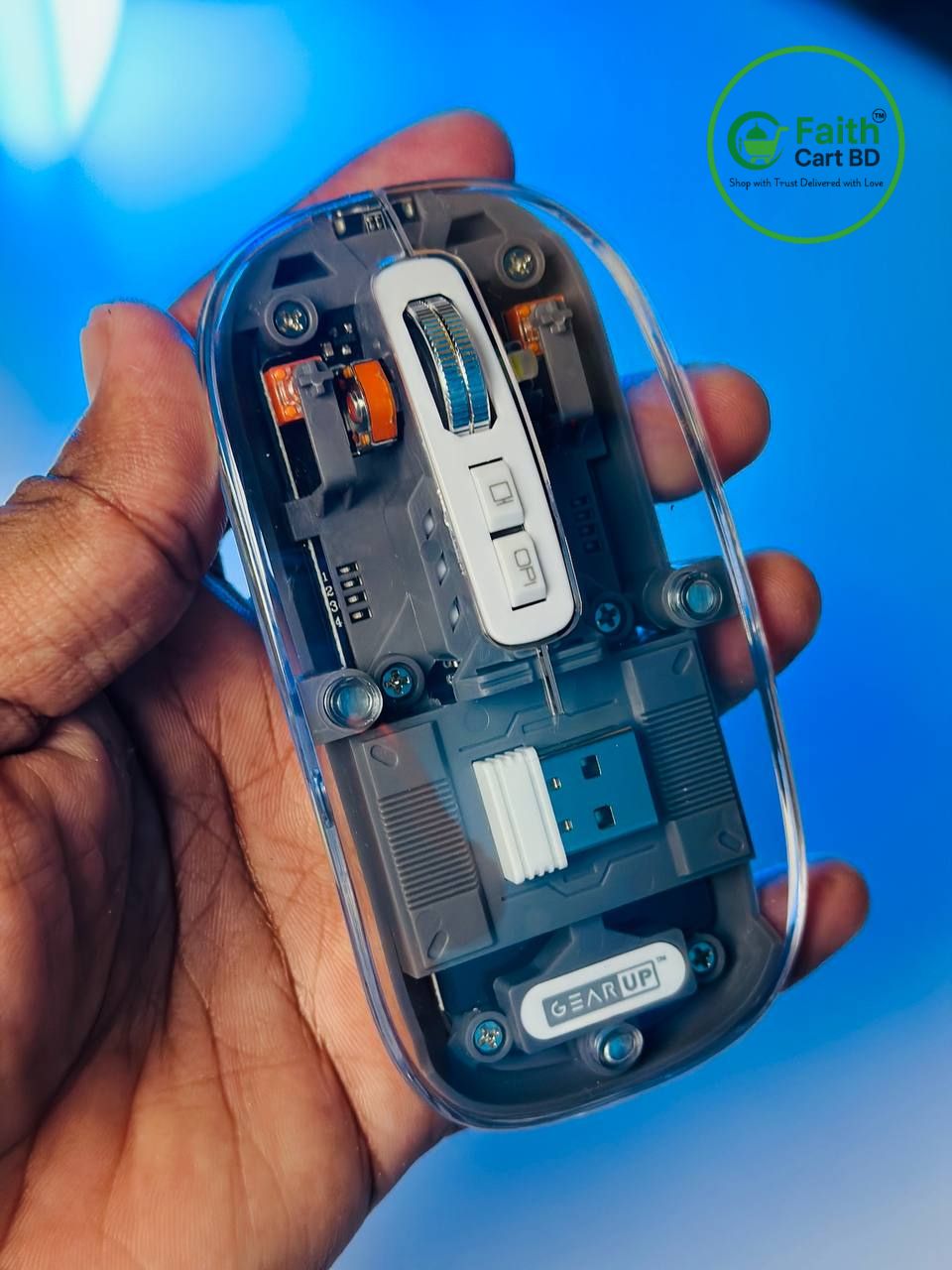 GearUP WM30 ট্রান্সপারেন্ট ক্রিস্টাল ওয়্যারলেস মাউস – ২.৪জি + ব্লুটুথ | ৩টি ডিভাইসে কানেক্ট | টাইপ-C রিচার্জেবল – গ্রে কালার