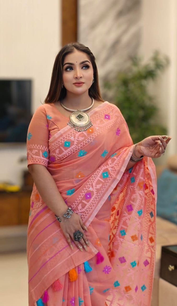 ✨ জামদানী মোটিফ হাফ সিল্ক শাড়ি - ঐতিহ্য আর আধুনিকতার শ্রেষ্ঠ ফিউশন ✨