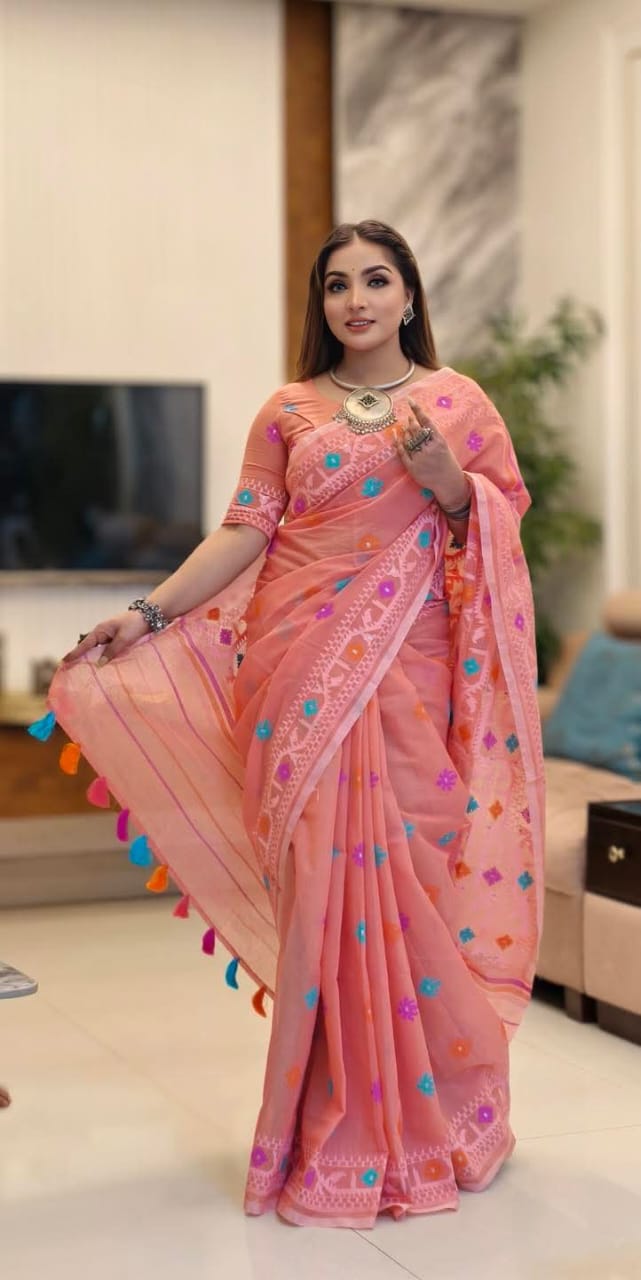 ✨ জামদানী মোটিফ হাফ সিল্ক শাড়ি - ঐতিহ্য আর আধুনিকতার শ্রেষ্ঠ ফিউশন ✨