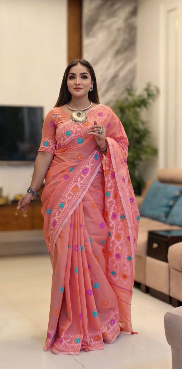 ✨ জামদানী মোটিফ হাফ সিল্ক শাড়ি - ঐতিহ্য আর আধুনিকতার শ্রেষ্ঠ ফিউশন ✨