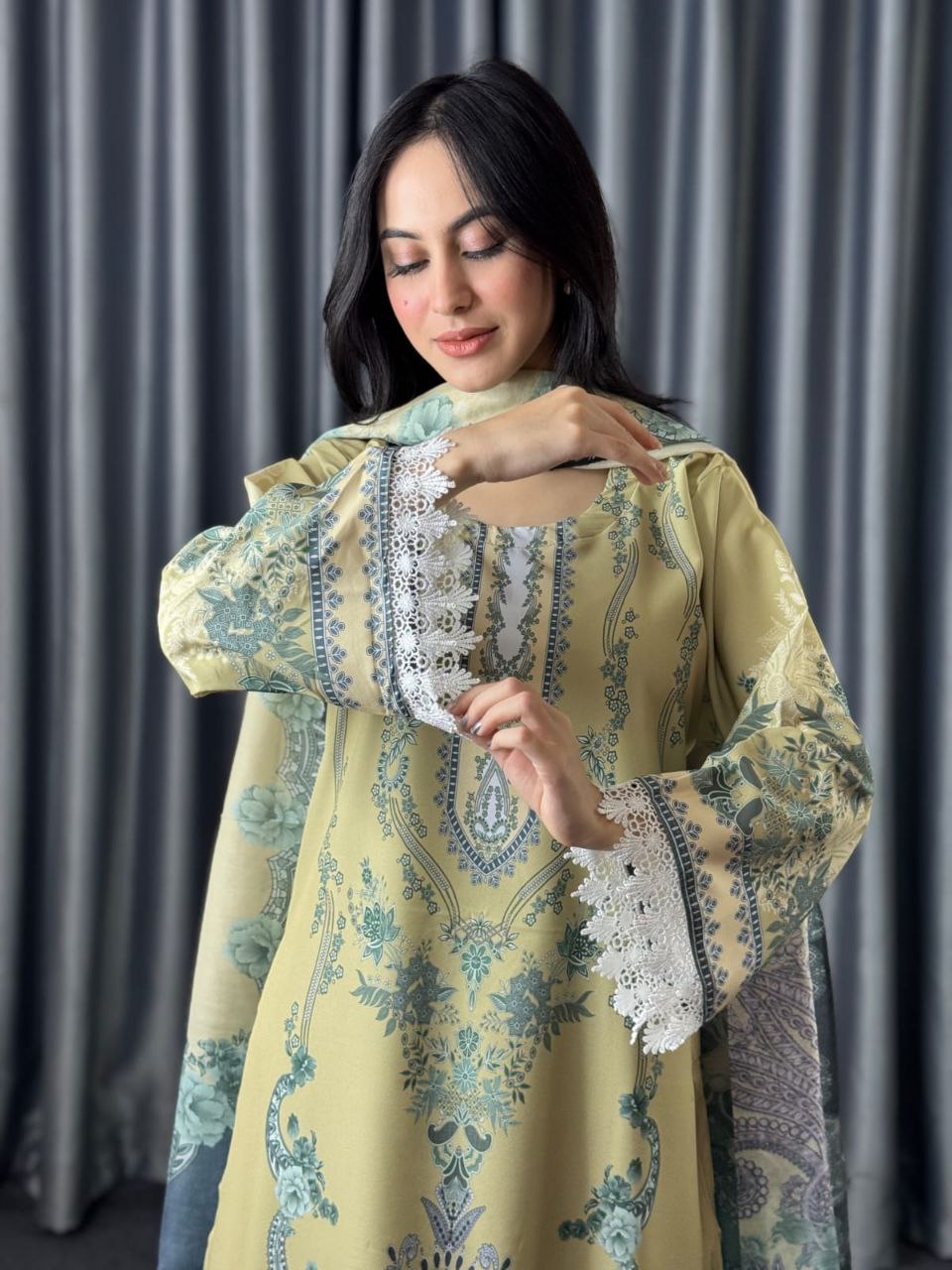 Digital Print Three Piece  Fabrics: Dubai Silk Design: Digital Print Dress Long: 42 Body Size: 38, 42, 46