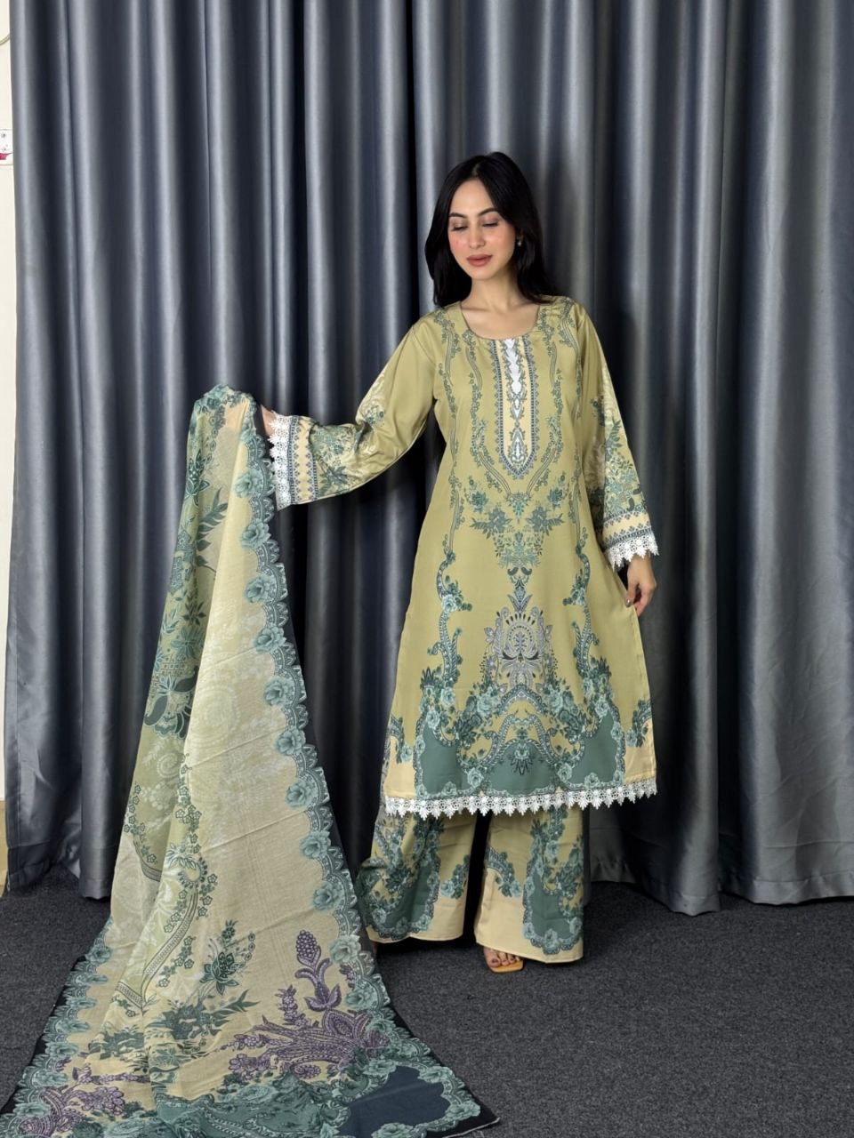Digital Print Three Piece  Fabrics: Dubai Silk Design: Digital Print Dress Long: 42 Body Size: 38, 42, 46