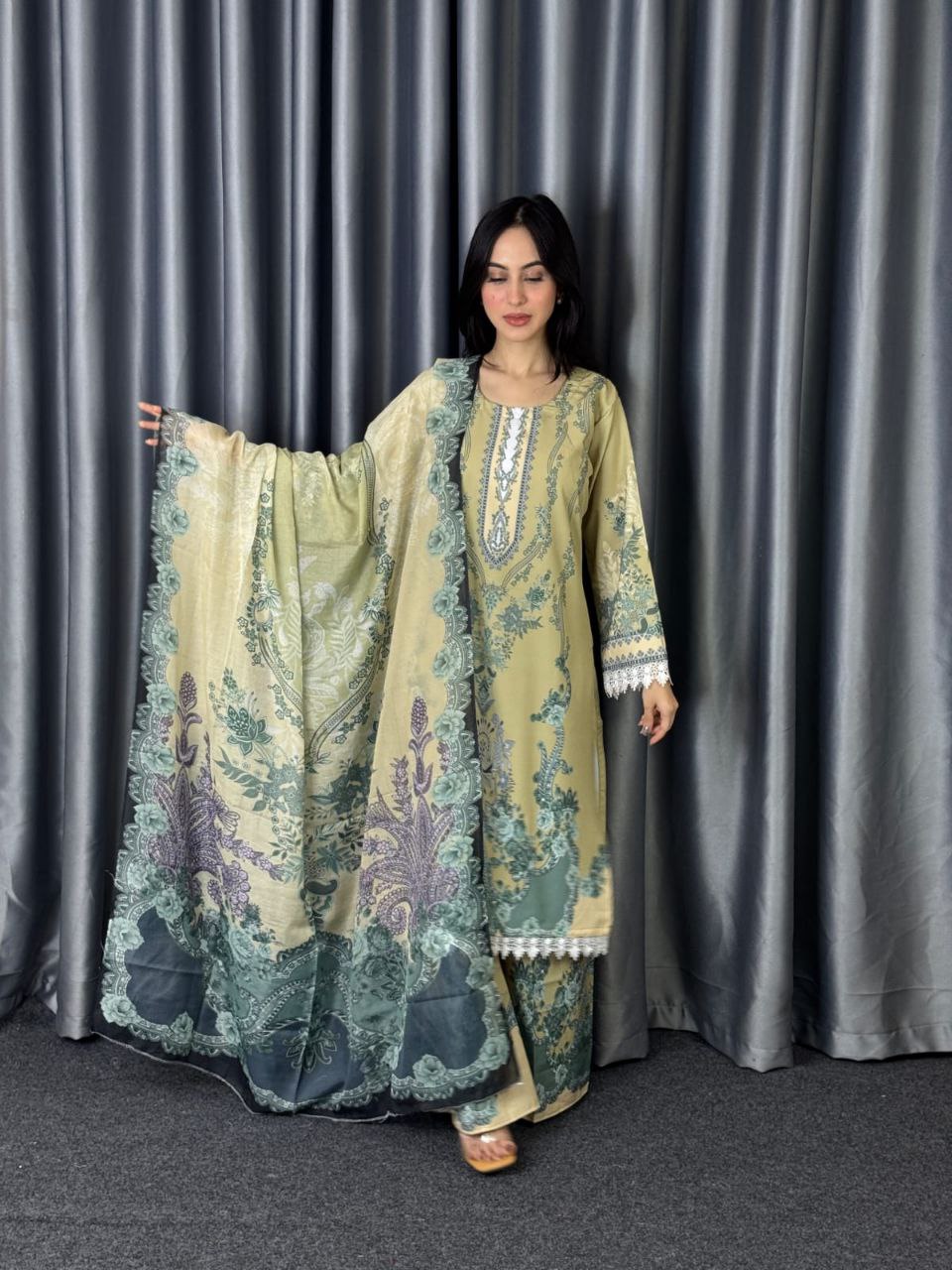 Digital Print Three Piece  Fabrics: Dubai Silk Design: Digital Print Dress Long: 42 Body Size: 38, 42, 46