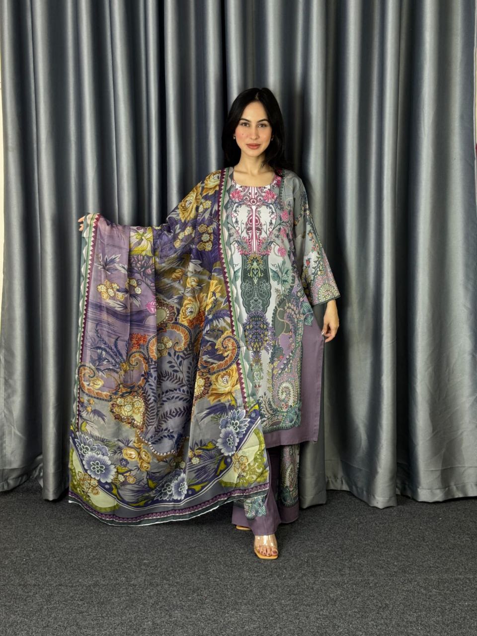 Digital Print Three Piece  Fabrics: Dubai Silk Design: Digital Print Dress Long: 42 Body Size: 38, 42, 46