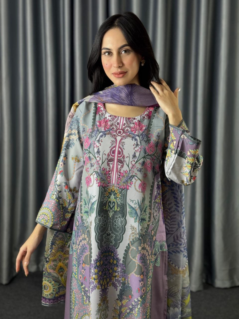 Digital Print Three Piece  Fabrics: Dubai Silk Design: Digital Print Dress Long: 42 Body Size: 38, 42, 46