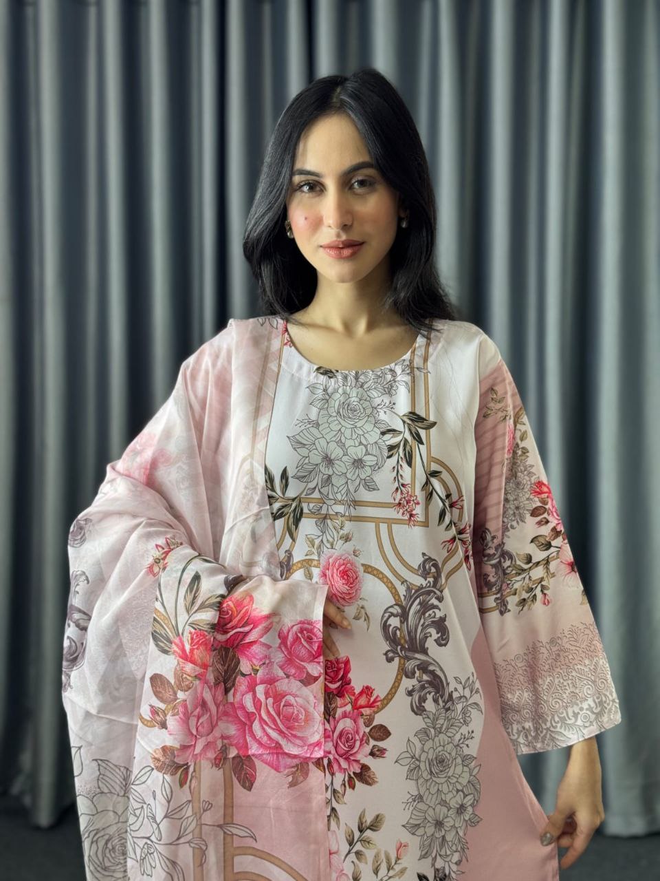 Digital Print Three Piece  Fabrics: Dubai Silk Design: Digital Print Dress Long: 42 Body Size: 38, 42, 46