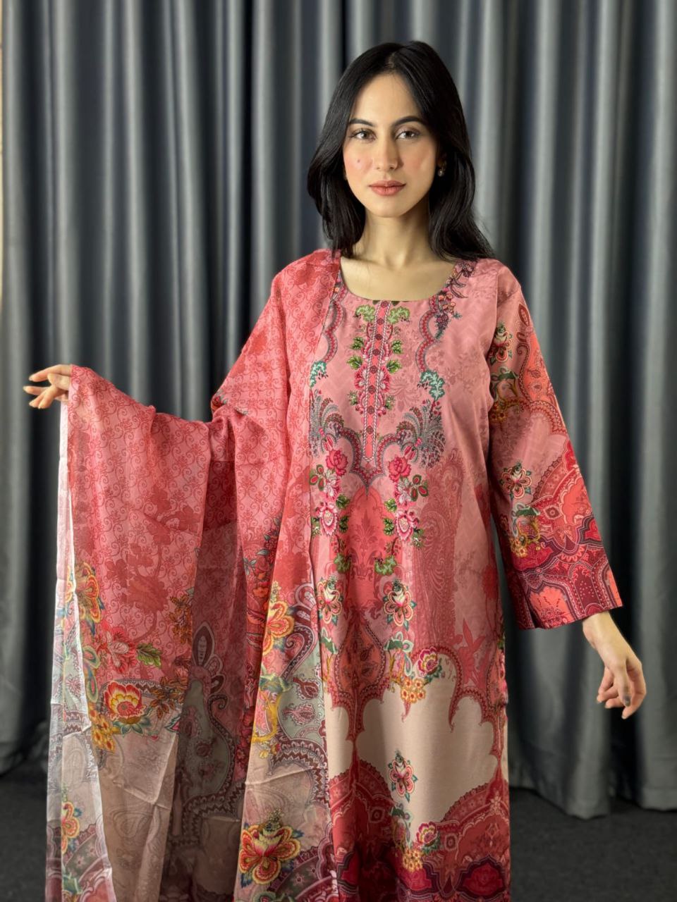 Digital Print Three Piece  Fabrics: Dubai Silk Design: Digital Print Dress Long: 42 Body Size: 38, 42, 46