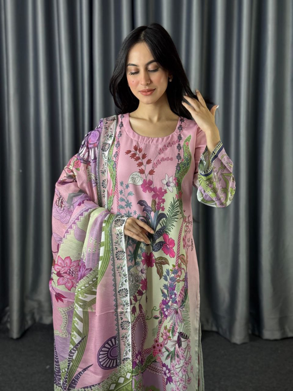 Digital Print Three Piece  Fabrics: Dubai Silk Design: Digital Print Dress Long: 42 Body Size: 38, 42, 46