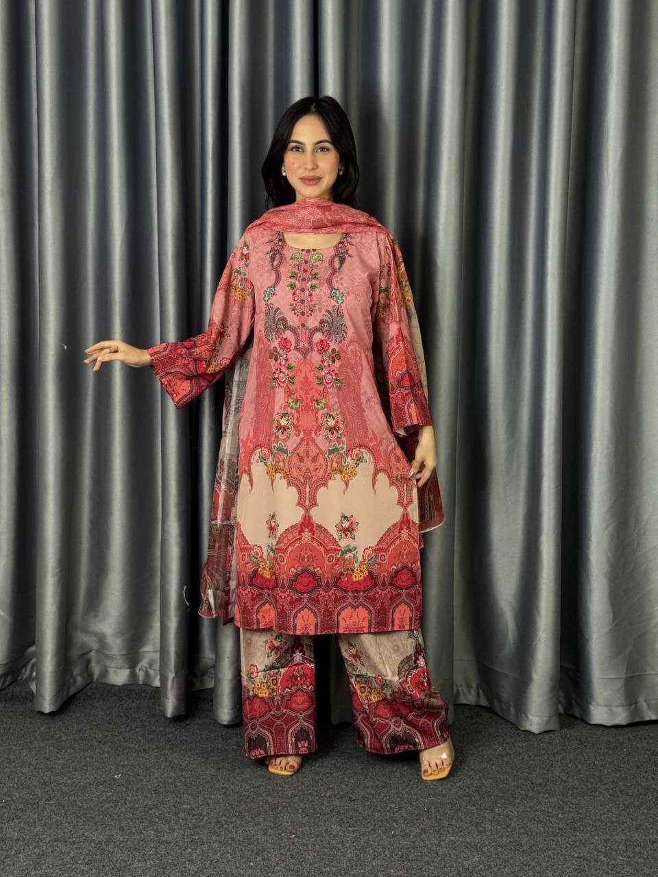 Digital Print Three Piece  Fabrics: Dubai Silk Design: Digital Print Dress Long: 42 Body Size: 38, 42, 46