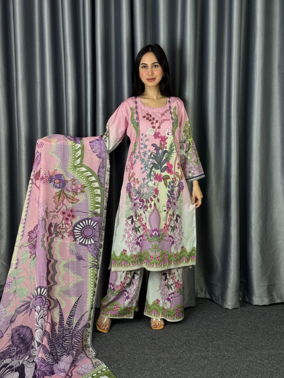 Digital Print Three Piece  Fabrics: Dubai Silk Design: Digital Print Dress Long: 42 Body Size: 38, 42, 46