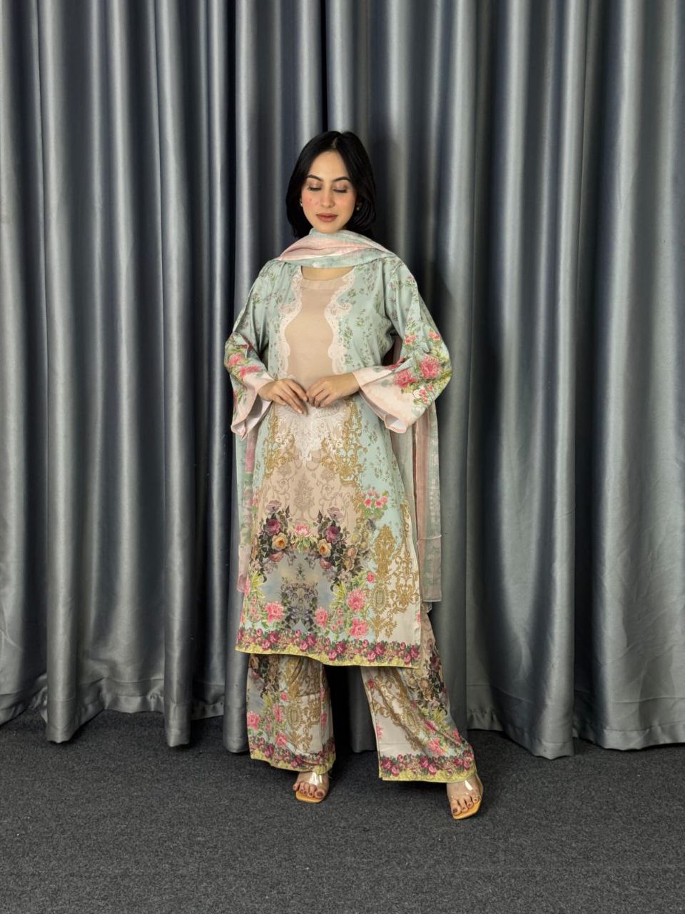 Digital Print Three Piece  Fabrics: Dubai Silk Design: Digital Print Dress Long: 42 Body Size: 38, 42, 46