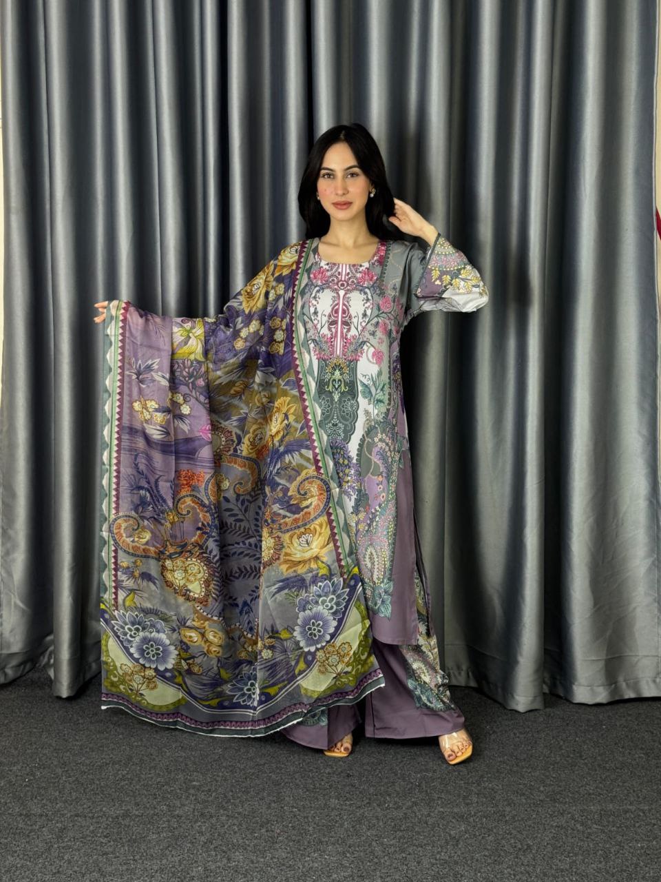 Digital Print Three Piece  Fabrics: Dubai Silk Design: Digital Print Dress Long: 42 Body Size: 38, 42, 46