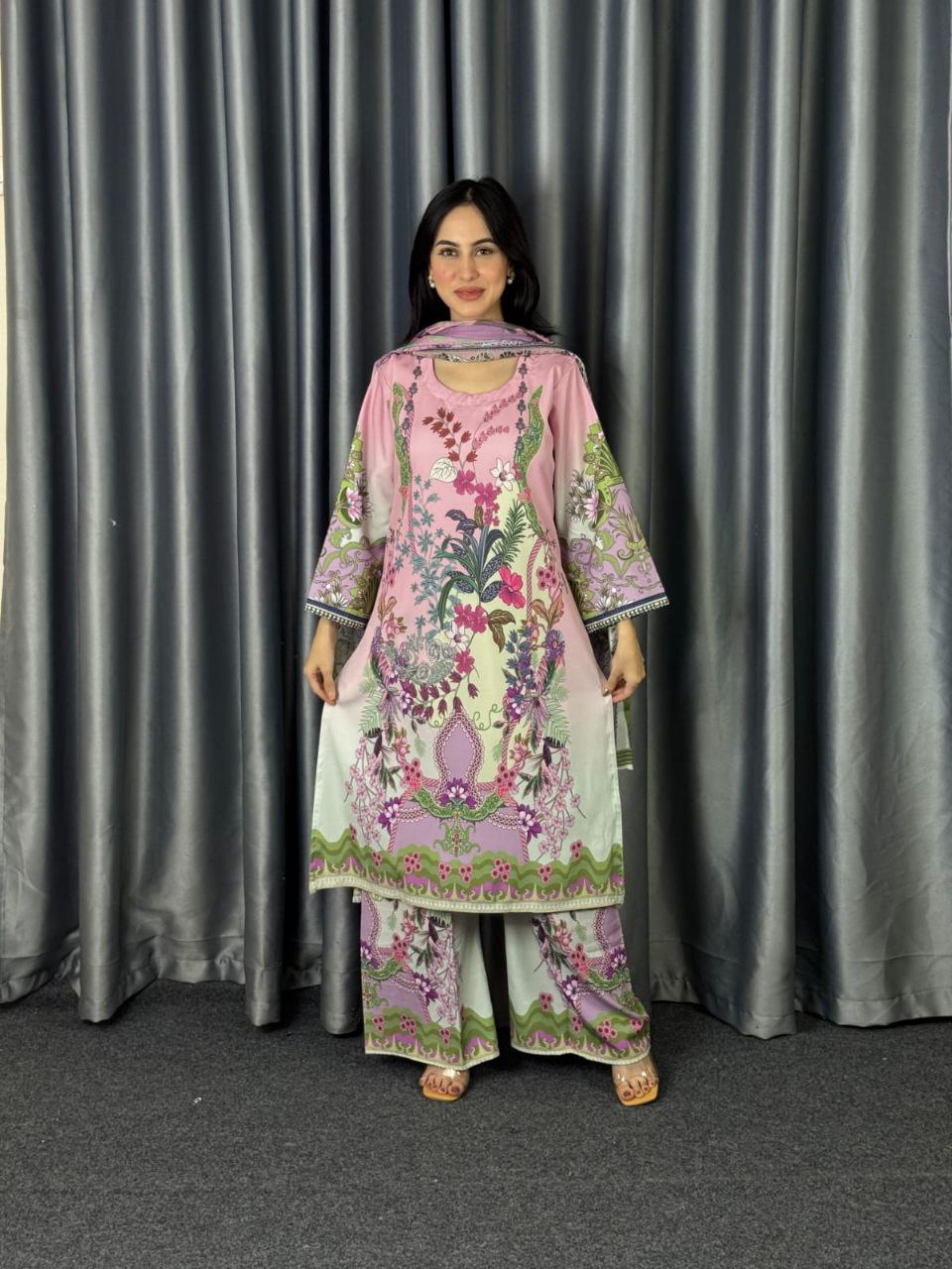 Digital Print Three Piece  Fabrics: Dubai Silk Design: Digital Print Dress Long: 42 Body Size: 38, 42, 46